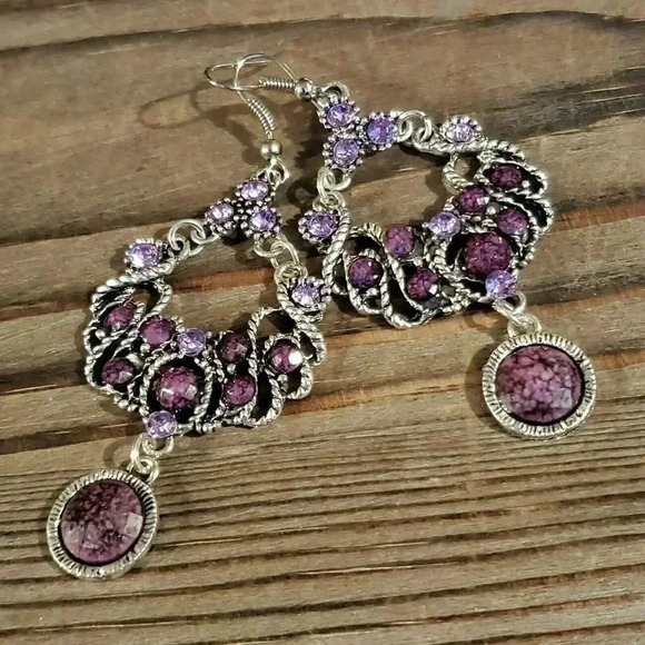 Vintage 90s Lacy Fancy Purple Antique Silver Acrylic Crystal Dangle Earrings - Picture 6 of 8